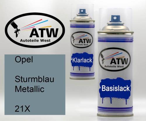 Opel, Sturmblau Metallic, 21X: 400ml Sprühdose + 400ml Klarlack - Set, von ATW Autoteile West.